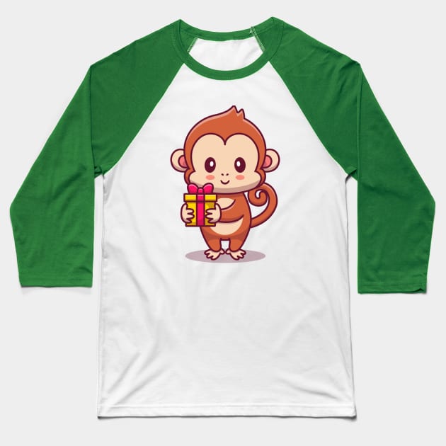 Cute Monkey Holding Gift Baseball T-Shirt by Catalyst Labs